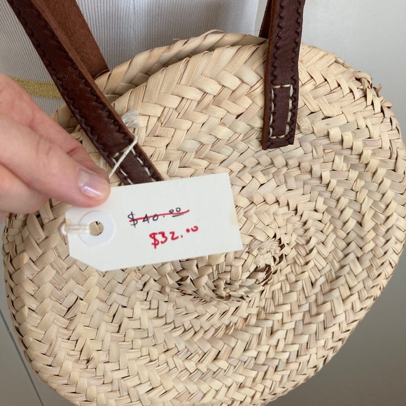 French Round Wicker Bag Long Leather Handle - Picture 2 of 3